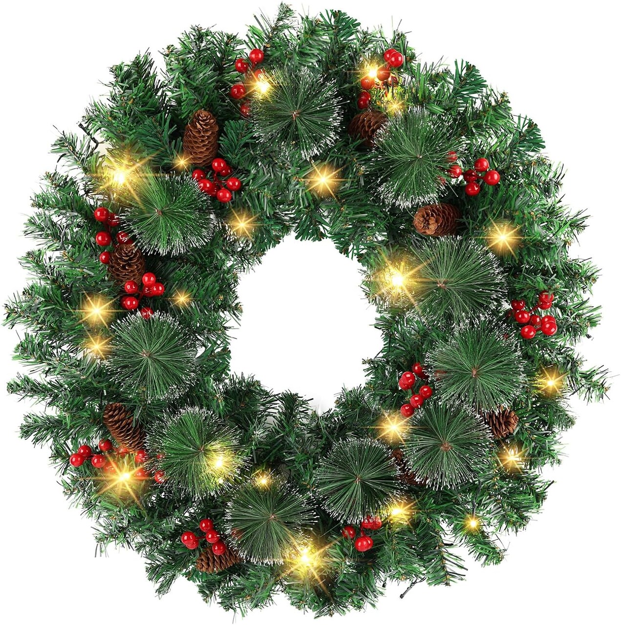 24 Inch Christmas Wreath with Lights for Front Door Large Pre-Lit Wreaths with Berries Pinecones Christmas Door Wreaths with 50 LED Lights 8 Modes Timer for Kitchen Wall Indoor Outdoor Xmas Decor